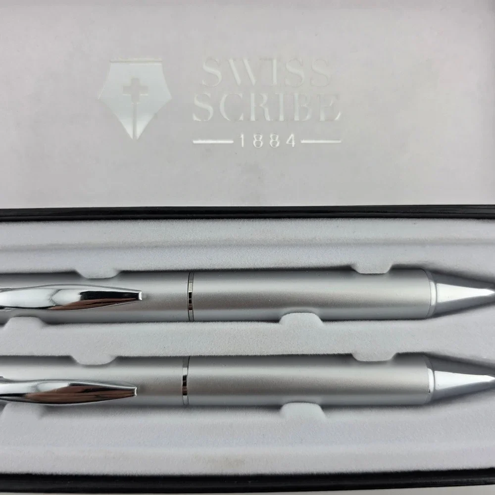 Swiss Scribe Ballpoint Pen Pencil Set of 2 2-Pack Gift Boxed Granite GOOD Desk